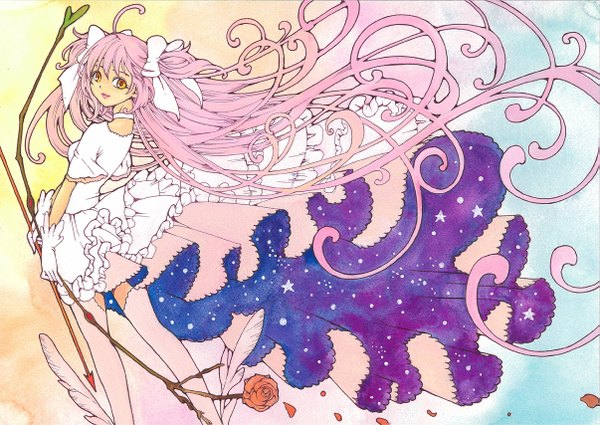 Anime picture 1205x854 with mahou shoujo madoka magica shaft (studio) kaname madoka goddess madoka sayococco single looking at viewer fringe brown eyes pink hair ahoge very long hair wind two side up magical girl traditional media starry sky print space print girl thighhighs