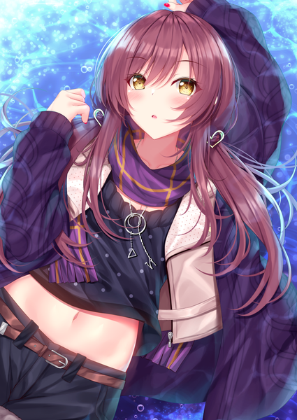 Anime picture 752x1062 with idolmaster idolmaster shiny colors oosaki amana yunagi amane single long hair tall image blush brown hair twintails yellow eyes lying open jacket :o midriff on back low twintails girl navel hair ornament