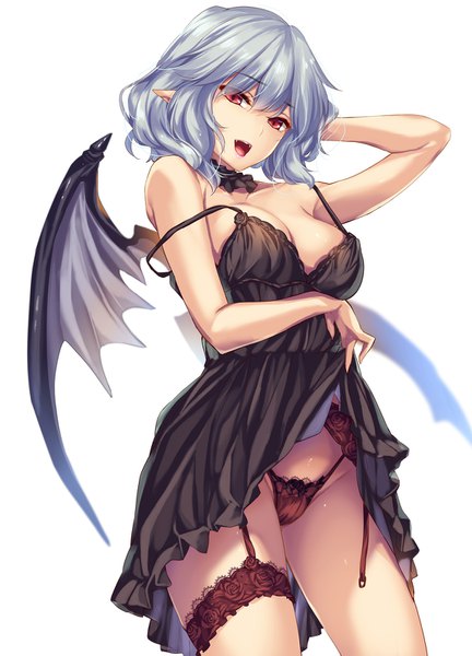 Anime picture 1144x1587 with touhou remilia scarlet moneti (daifuku) single tall image looking at viewer blush fringe short hair breasts open mouth light erotic simple background hair between eyes red eyes large breasts standing white background bare shoulders blue hair