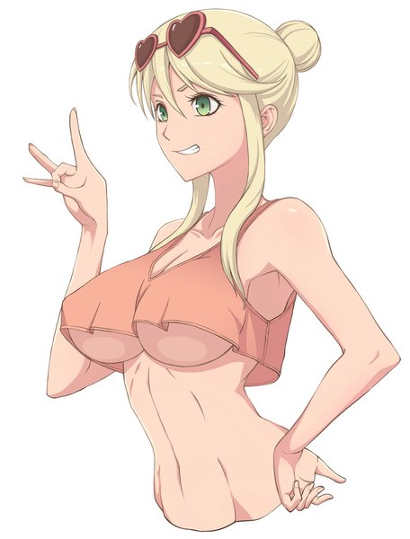 Anime picture 800x1052 with senran kagura katsuragi (senran kagura) hayate (leaf98k) single long hair tall image breasts light erotic blonde hair simple background smile large breasts white background bare shoulders green eyes sunglasses on head girl glasses heart sunglasses