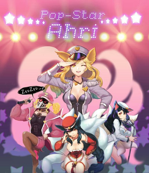 Anime picture 760x885 with league of legends ahri (league of legends) popstar ahri (league of legends) zed (league of legends) urajimir long hair tall image breasts light erotic blonde hair red eyes large breasts yellow eyes purple hair one eye closed green hair wink orange eyes facial mark fox girl