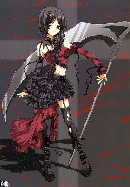 Anime picture 3049x4399 with yukiwo tall image highres short hair black hair absurdres black eyes torn clothes lolita fashion goth-loli weapon detached sleeves boots blood scythe