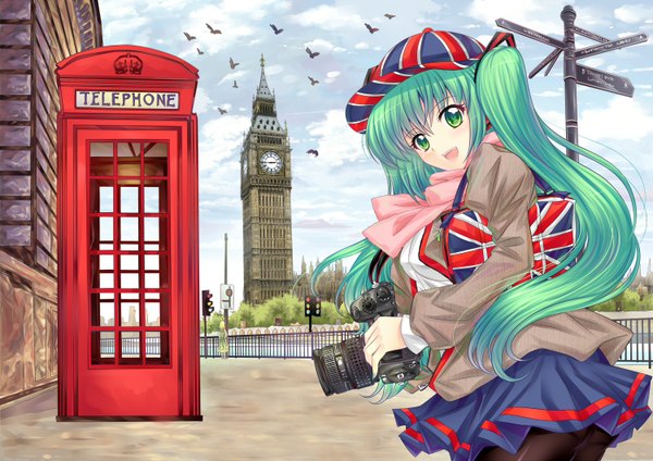 Anime picture 1500x1060 with vocaloid hatsune miku riyun long hair open mouth twintails looking back aqua eyes aqua hair girl skirt miniskirt animal bird (birds) flat cap flag phone camera traffic lights british flag