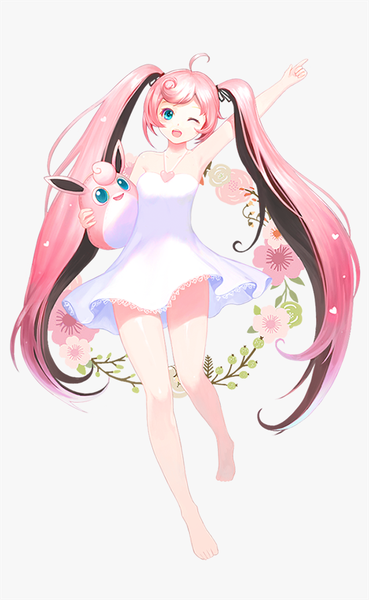 Anime picture 550x894 with pokemon moemon nintendo wigglytuff phonic tall image fringe blue eyes black hair simple background standing twintails bare shoulders holding pink hair ahoge very long hair one eye closed barefoot wink