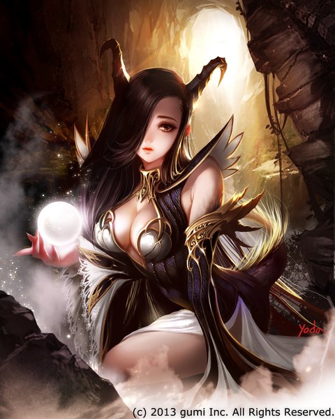 Anime-Bild 1600x2000 mit maboroshi juuhime yoda (ayanamikodon) single long hair tall image looking at viewer fringe breasts light erotic black hair large breasts sitting brown eyes signed cleavage tail animal tail horn (horns) hair over one eye realistic