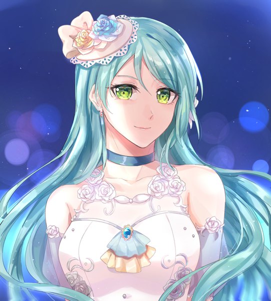 Anime picture 1175x1300 with bang dream! hikawa sayo kaedetou single long hair tall image looking at viewer fringe breasts simple background bare shoulders green eyes upper body light smile aqua hair sleeveless lens flare portrait blue background girl