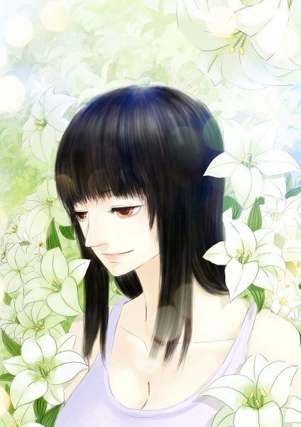 Anime picture 849x1200 with one piece toei animation nico robin totsukitouka single long hair tall image fringe black hair bare shoulders light smile orange eyes looking down portrait girl flower (flowers)