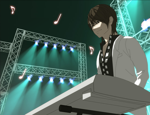 Anime picture 1000x767 with song of the cloud jai hi single short hair smile brown hair standing brown eyes light open collar boy musical note scene synthesizer