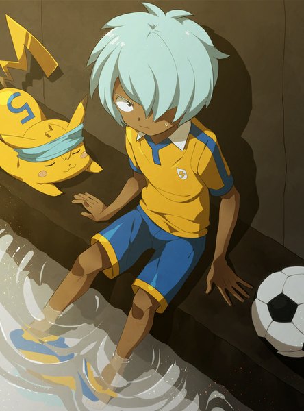 Anime picture 800x1079 with pokemon inazuma eleven inazuma eleven go nintendo pikachu kurama norihito nishizono shinsuke yamaki suzume tall image looking at viewer fringe short hair sitting from above hair over one eye aqua hair dark skin crossover soaking feet gen 1 pokemon