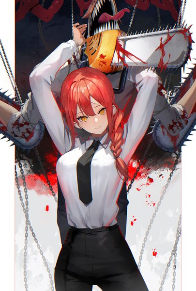 Anime picture 662x980 with chainsaw man mappa makima (chainsaw man) denji (chainsaw man) scottie (phantom2) long hair tall image fringe hair between eyes red hair braid (braids) head tilt arms up orange eyes single braid outside border bloody clothes bloody weapon pillarboxed girl