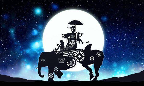 Аниме картинка 1500x890 с оригинальное изображение harada miyuki широкое изображение сидит держать небо на улице профиль ночь ночное небо силуэт механический квартет обувь луна звезда (звёзды) зонт полная луна слон