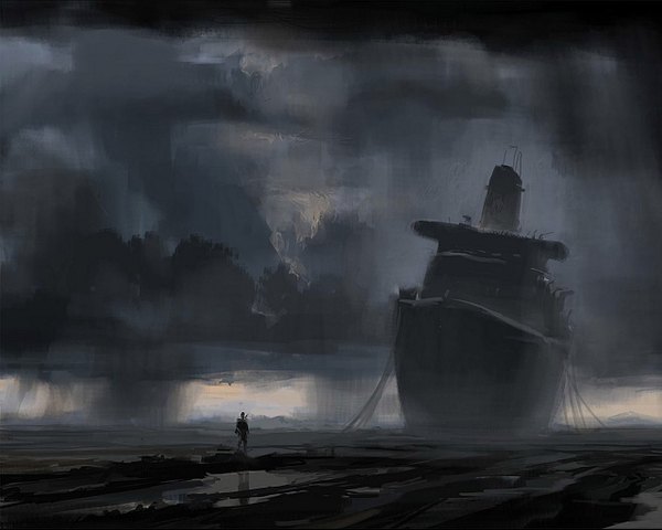 Anime picture 1280x1024 with original arquimedes42 single cloud (clouds) dark background rain silhouette traditional media watercolor (medium) ambiguous gender watercraft ship puddle