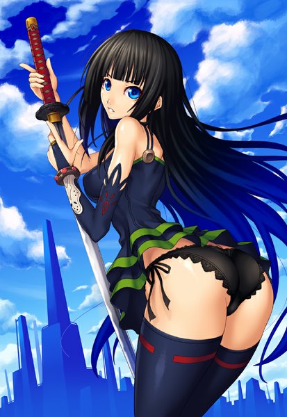 Anime picture 710x1031 with original aka (shoumae) single long hair tall image blue eyes light erotic black hair bare shoulders cloud (clouds) ass girl thighhighs dress underwear panties weapon black thighhighs detached sleeves sword