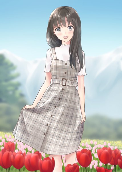 Anime picture 777x1090 with original yukimaru217 single long hair tall image looking at viewer blush fringe open mouth black hair smile standing holding sky outdoors :d blurry teeth grey eyes depth of field