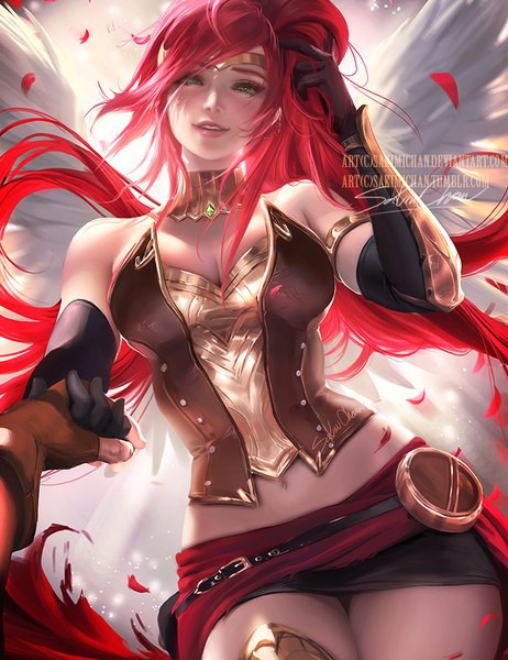 Anime-Bild 706x916 mit rwby rooster teeth pyrrha nikos sakimichan long hair tall image looking at viewer breasts light erotic smile green eyes signed cleavage ponytail red hair parted lips lips realistic teeth midriff