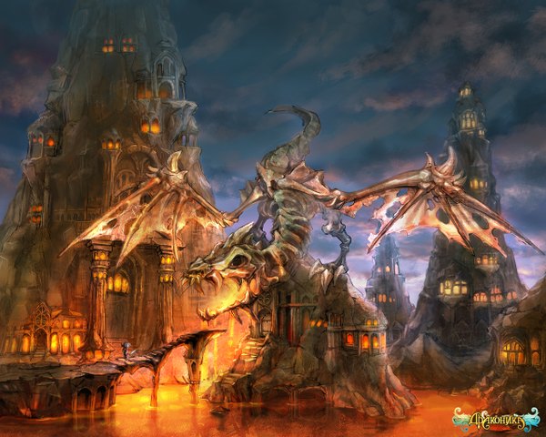 Anime picture 1280x1024 with dragonica online sky cloud (clouds) inscription landscape skeleton water window fire dragon castle