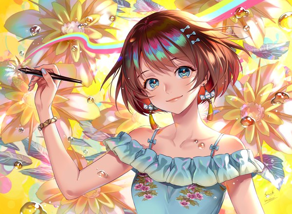 Anime picture 1364x1000 with original midori foo single looking at viewer blush fringe short hair breasts blue eyes smile brown hair standing holding nail polish head tilt multicolored hair arm up fingernails off shoulder floral print