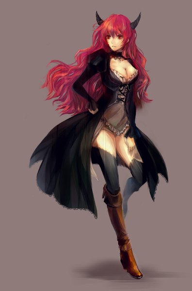 Anime picture 991x1500 with maboroshi (2yushiba) single long hair tall image fringe breasts simple background red eyes looking away cleavage red hair horn (horns) hand on hip wavy hair brown background girl thighhighs dress black thighhighs boots