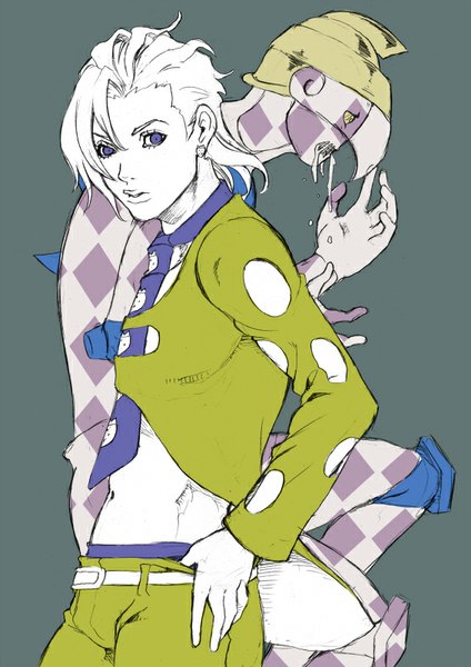 Anime picture 566x800 with jojo no kimyou na bouken pannacotta fugo purple haze (stand) chounorin tall image short hair simple background purple eyes looking away bent knee (knees) profile grey background multiple boys bare belly hand on hip saliva rhombus partially colored stand (jojo) boy