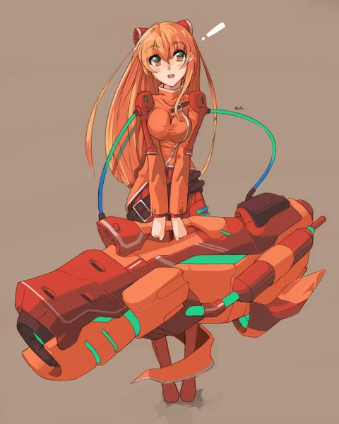 Anime picture 1000x1250 with nellen single long hair tall image blush open mouth looking away orange hair orange eyes girl suit huge weapon