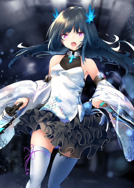 Anime picture 1036x1450 with witch's weapon odeclea single long hair tall image looking at viewer blush fringe breasts open mouth black hair purple eyes bare shoulders holding traditional clothes blurry wide sleeves depth of field floating hair sleeves past wrists