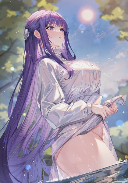 Anime picture 2688x3840 with sousou no frieren fern (sousou no frieren) shanguier single tall image fringe highres breasts light erotic standing purple eyes looking away sky purple hair blunt bangs long sleeves very long hair parted lips sunlight partially submerged