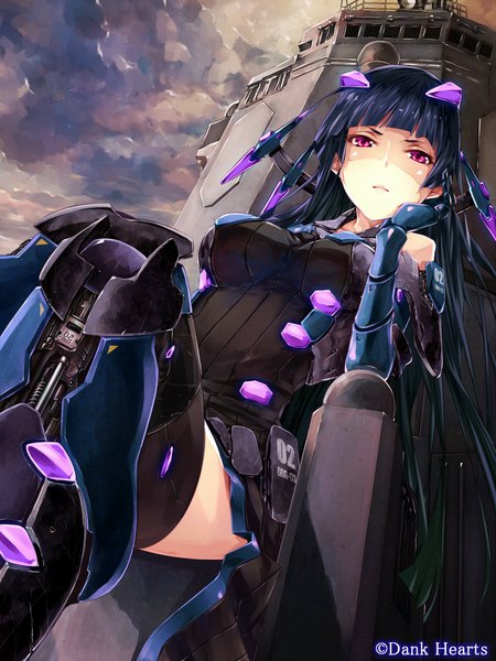 Anime picture 720x960 with weapon girls re lucy single long hair tall image fringe breasts sitting bare shoulders sky purple hair cloud (clouds) bent knee (knees) pink eyes mechanical girl thighhighs black thighhighs building (buildings) bodysuit