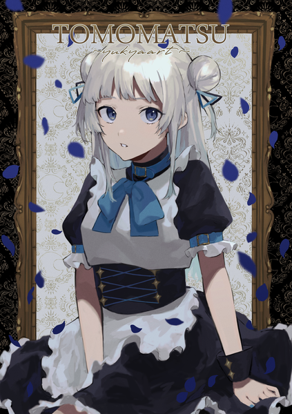 Anime picture 2039x2894 with virtual youtuber indie virtual youtuber narimachi yuki (vtuber) ktym 777 single long hair tall image looking at viewer highres blue eyes silver hair parted lips maid hair bun (hair buns) puffy sleeves girl uniform petals picture frame