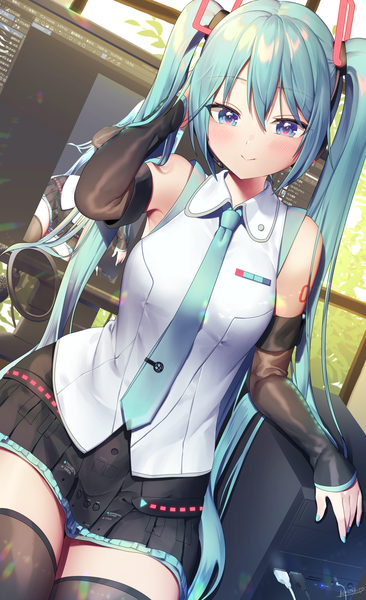 Anime picture 1832x3000 with vocaloid clip studio paint hatsune miku hatsune miku (vocaloid4) kirisaki shuusei single long hair tall image looking at viewer blush fringe highres breasts blue eyes smile hair between eyes sitting twintails bare shoulders indoors