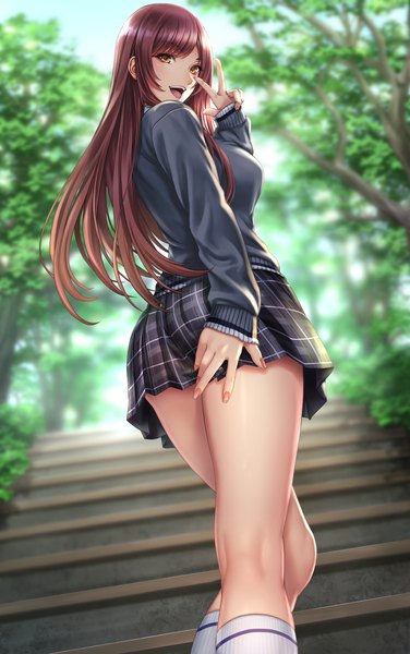 Anime picture 2508x4000 with idolmaster idolmaster shiny colors oosaki amana sadakage single long hair tall image looking at viewer blush fringe highres breasts open mouth light erotic smile brown hair standing brown eyes payot bent knee (knees)