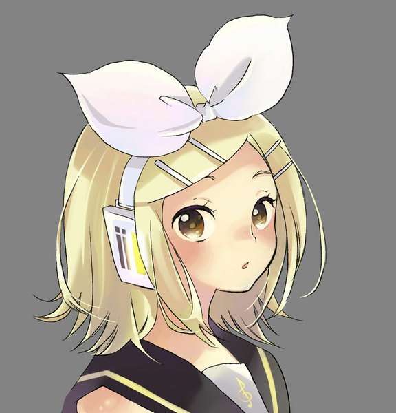 Anime picture 800x833 with vocaloid kagamine rin sugano manami single tall image looking at viewer blush short hair simple background blonde hair brown eyes parted lips grey background girl hair ornament bow hair bow headphones bobby pin sailor suit