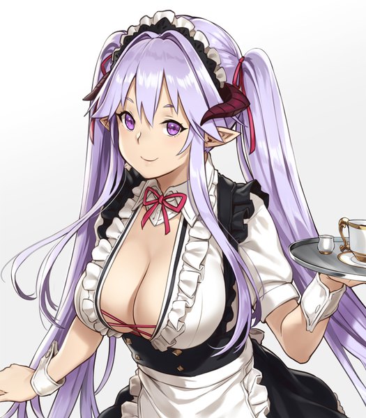 Anime picture 875x1000 with original houtengeki single long hair tall image looking at viewer fringe breasts light erotic smile hair between eyes large breasts purple eyes twintails holding payot cleavage purple hair upper body horn (horns)