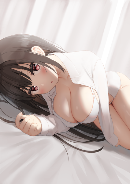 Anime picture 1062x1500 with original reinama single long hair tall image looking at viewer blush fringe breasts open mouth light erotic black hair red eyes large breasts payot cleavage indoors lying long sleeves open shirt