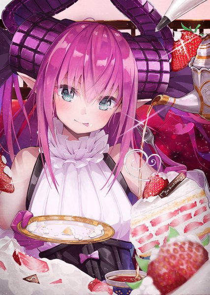 Anime picture 925x1300 with fate (series) fate/extra fate/extra ccc elizabeth bathory (fate) (all) elizabeth bathory (fate) po-palm single long hair tall image looking at viewer blush fringe blue eyes smile hair between eyes holding payot pink hair upper body head tilt
