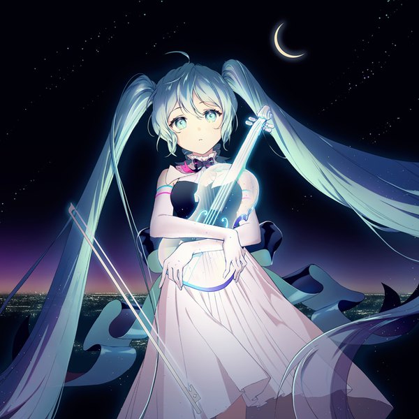 Anime picture 1000x1000 with vocaloid miku symphony (vocaloid) hatsune miku rarumi single looking at viewer fringe hair between eyes twintails ahoge outdoors very long hair aqua eyes aqua hair crescent transparent girl dress gloves elbow gloves