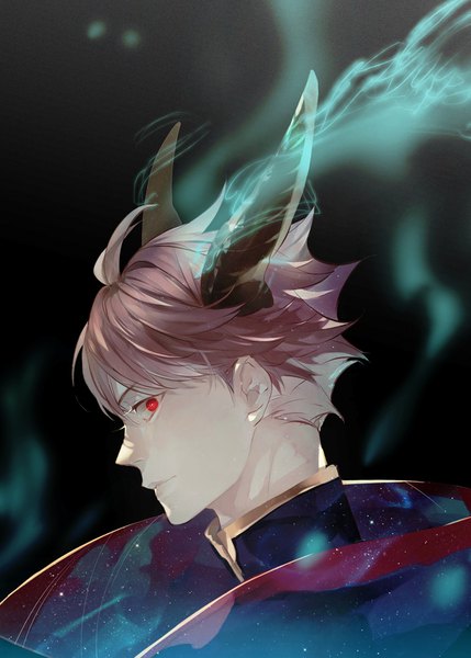 Anime-Bild 747x1045 mit haikyuu!! production i.g ooikawa tooru alo18 single tall image looking at viewer short hair red eyes brown hair ahoge profile horn (horns) glowing black background portrait boy