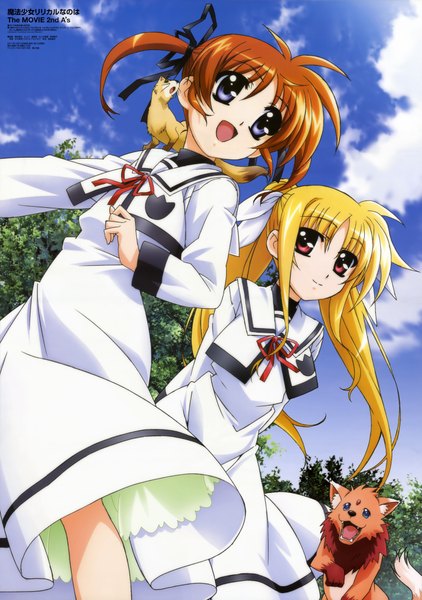 Anime picture 6066x8614 with mahou shoujo lyrical nanoha fate testarossa takamachi nanoha yuuno scrya long hair tall image highres short hair open mouth blonde hair smile red eyes twintails purple eyes multiple girls absurdres sky cloud (clouds) orange hair short twintails
