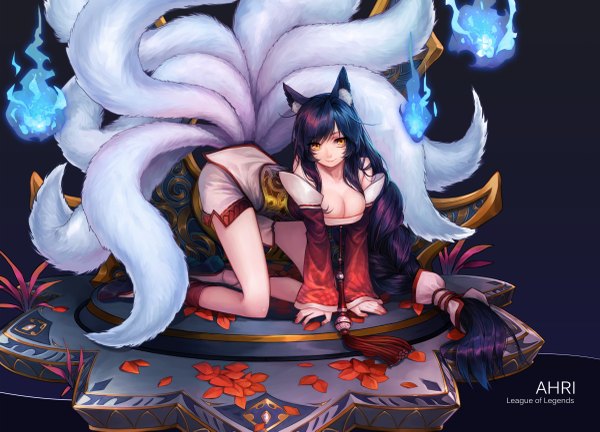 Anime picture 1200x865 with league of legends ahri (league of legends) curry bowl single looking at viewer fringe breasts light erotic black hair simple background smile large breasts animal ears yellow eyes cleavage full body tail braid (braids) long sleeves very long hair