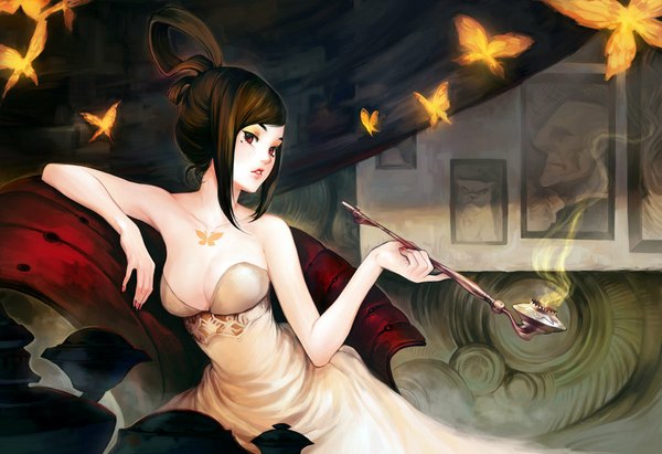 Anime picture 900x617 with original asuka111 long hair looking at viewer open mouth red eyes brown hair sitting bare shoulders mole tattoo mole under eye flying eyeshadow girl dress white dress insect butterfly picture