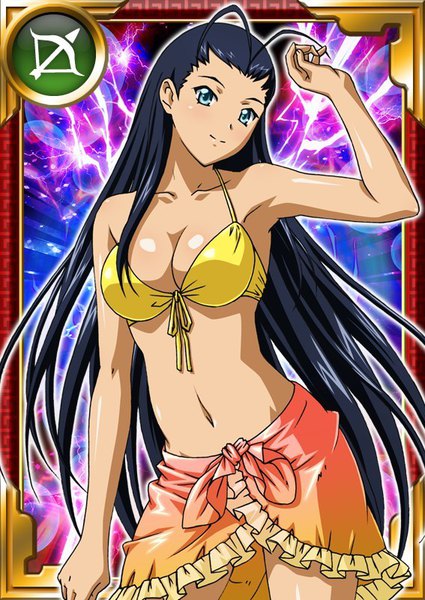 Anime picture 567x800 with ikkitousen kakouen myousai single long hair tall image looking at viewer blush breasts blue eyes light erotic black hair large breasts ahoge sparkle shiny skin card (medium) girl navel swimsuit bikini