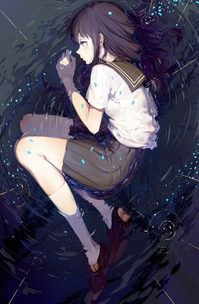 Anime picture 900x1375 with hyouka kyoto animation chitanda eru cici single long hair tall image black hair purple eyes bent knee (knees) lying profile from above on side dark background rain girl uniform petals water