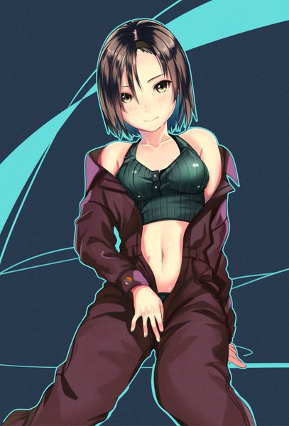 Anime picture 1250x1842 with original kagematsuri single tall image looking at viewer short hair light erotic black hair brown eyes girl navel jumpsuit