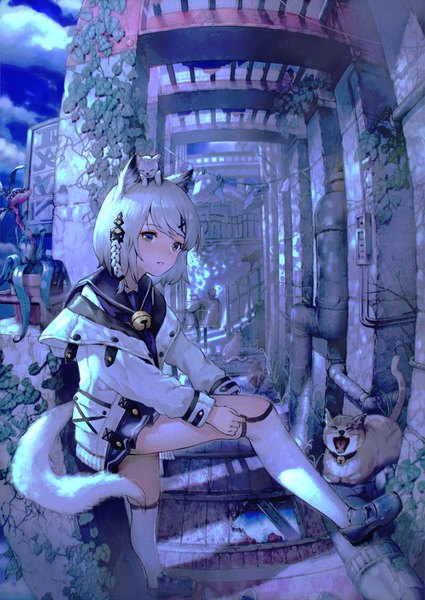 Anime picture 700x989 with original hisahisahisahisa single tall image short hair open mouth blue eyes standing animal ears looking away sky cloud (clouds) outdoors white hair tail braid (braids) animal tail cat ears cat girl cat tail