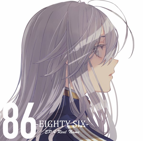Anime picture 872x860 with 86 -eightysix- vladilena millize shirabi single long hair looking at viewer fringe simple background hair between eyes white background silver hair upper body ahoge profile copyright name silver eyes girl