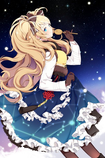 Anime picture 600x900 with sword girls gotmil single long hair tall image blush blue eyes blonde hair looking away girl dress gloves bow hair bow black gloves frills