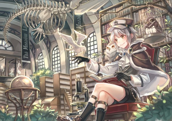 Anime picture 2000x1415 with original zoff (daria) single blush fringe highres short hair smile hair between eyes sitting yellow eyes looking away silver hair indoors fur trim crossed legs bare tree skeleton animal on shoulder bird on shoulder