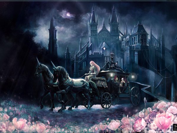 Anime picture 1280x960 with touhou flandre scarlet remilia scarlet hong meiling crowdesu long hair multiple girls pink hair night dark background girl flower (flowers) 3 girls moon castle unicorn scarlet devil mansion coach
