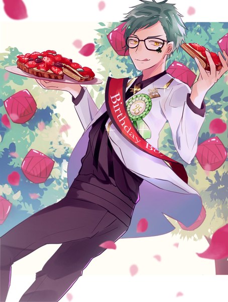 Anime picture 1551x2048 with twisted wonderland trey clover yui 4293 single tall image short hair holding yellow eyes green hair sparkle turning head happy birthday boy glasses food sweets cake