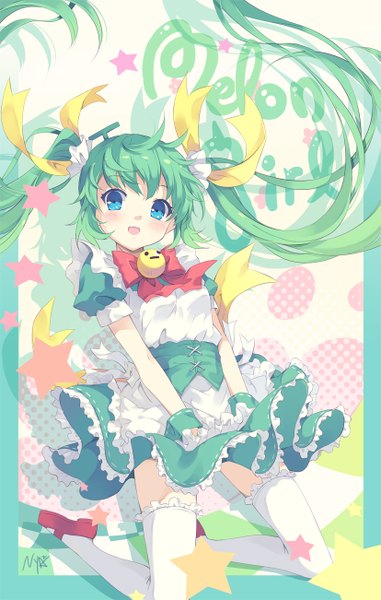 Anime picture 827x1302 with melonbooks melon-chan nyanya single tall image looking at viewer blush open mouth blue eyes twintails very long hair green hair border girl thighhighs dress ribbon (ribbons) hair ribbon white thighhighs frills