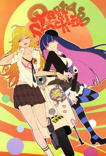Anime picture 4073x5963 with panty & stocking with garterbelt anarchy stocking anarchy panty long hair tall image highres blonde hair multiple girls green eyes absurdres purple hair one eye closed multicolored hair wink colored inner hair girl skirt 2 girls miniskirt cat
